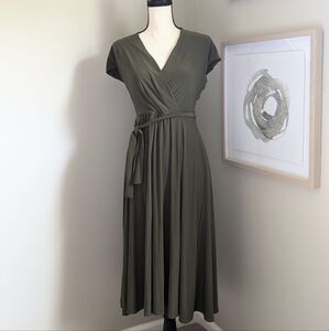 Tommy Hilfiger Olive Midi Dress Jersey Cap Sleeve Surplice Neck with Tie Waist